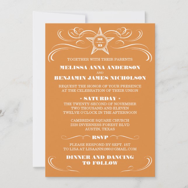 Burnt Orange Southern Style Wedding Invitations (Front)