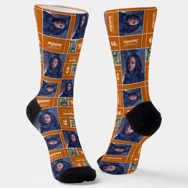 Burnt Orange Square Photo Graduation Class Year Socks (Angled)