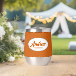 Burnt Orange Stylised Name Wedding Groomsman<br><div class="desc">Gift your wedding groomsman with this trendy and personalised, stainless steel wine tumbler with his name in stylised script inside a white, oval design. Background colour and script is a burnt orange. Personalise your wine tumbler by editing and replacing name with desired name. Available in many, popular wedding colour schemes....</div>