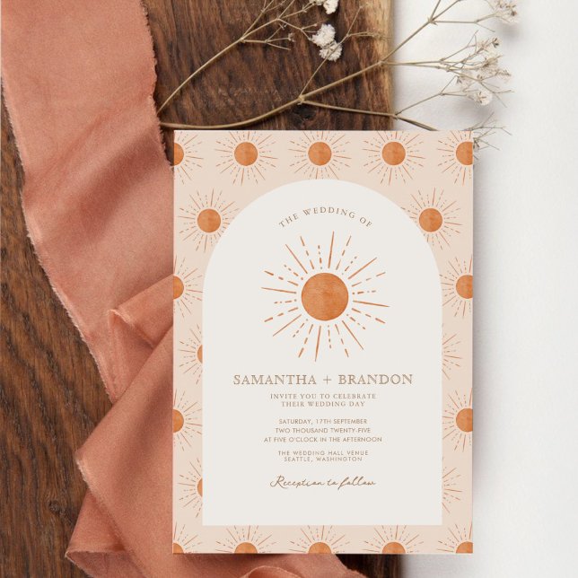 Burnt Orange Sun Celestial Boho Wedding Qr Code  Invitation (Creator Uploaded)
