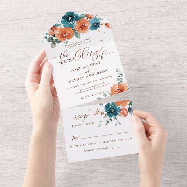 Burnt Orange Teal Floral Wedding All In One RSVP Invitation (Tearaway)