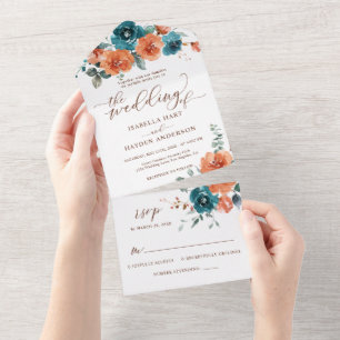 Burnt Orange Teal Floral Wedding All In One RSVP Invitation