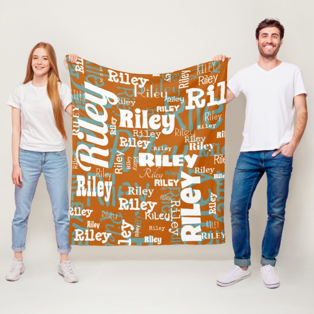 Burnt Orange Teal Name Repeating Name Typography Fleece Blanket (In Situ)