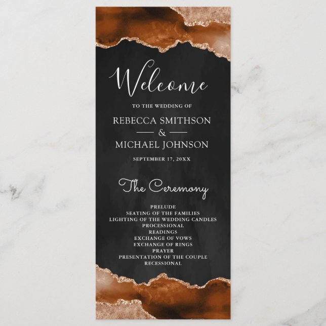Burnt Orange Terracotta Agate Marble Black Wedding Programme (Front)
