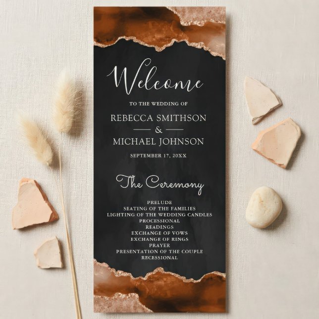 Burnt Orange Terracotta Agate Marble Black Wedding Programme (Creator Uploaded)