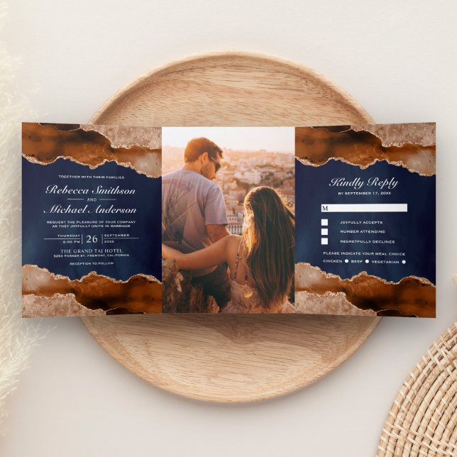 Burnt Orange Terracotta Agate Marble Navy Wedding Tri-Fold Invitation (Creator Uploaded)