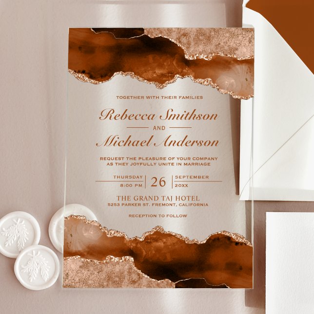 Burnt Orange Terracotta Agate Marble Wedding Acrylic Invitations (Creator Uploaded)