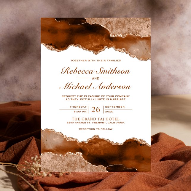 Burnt Orange Terracotta Agate Marble Wedding Invitation (Creator Uploaded)