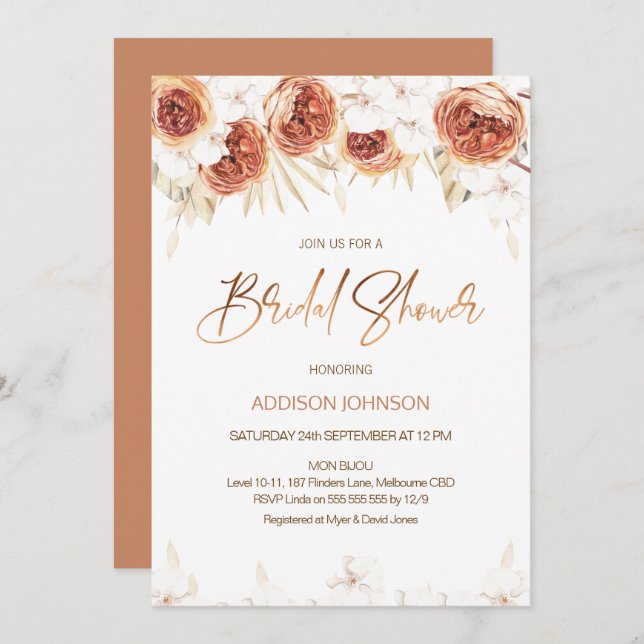 Burnt Orange Terracotta Floral Bridal Shower Invitation (Front/Back)