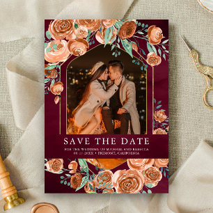 Burnt Orange Terracotta Floral Burgundy Wedding Save The Date