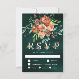 Burnt Orange Terracotta Floral Emerald Wedding RSVP Card