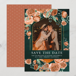 Burnt Orange Terracotta Floral Emerald Wedding Save The Date