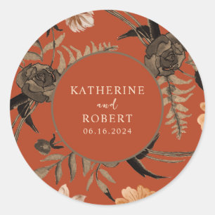 Burnt orange terracotta floral fall wedding  classic round sticker