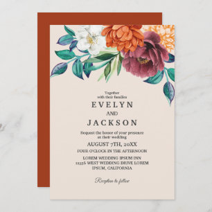 Burnt orange terracotta floral fall wedding invitation