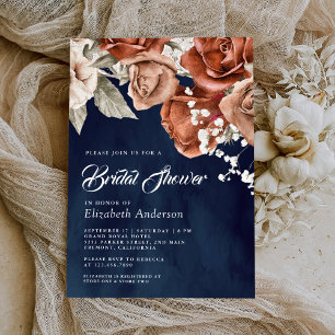 Burnt Orange Terracotta Floral Navy Bridal Shower Invitation