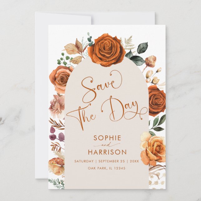 Burnt Orange Terracotta Floral Rust Save The Date Invitation (Front)