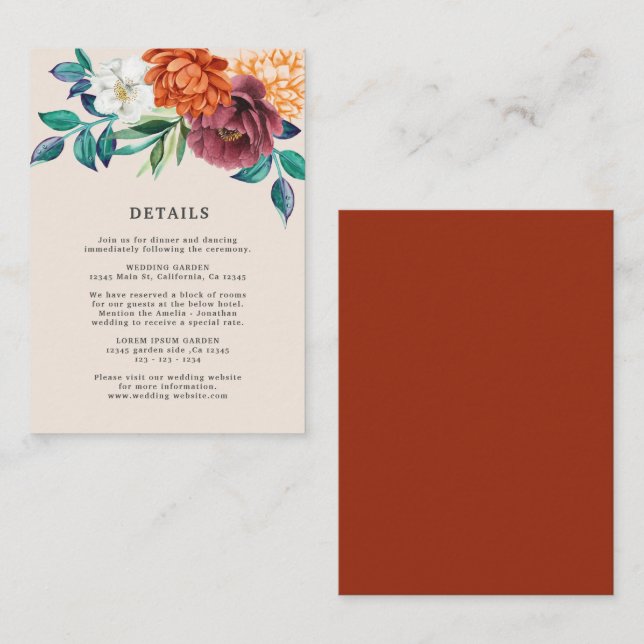 Burnt orange terracotta floral wedding details enclosure card (Front/Back)
