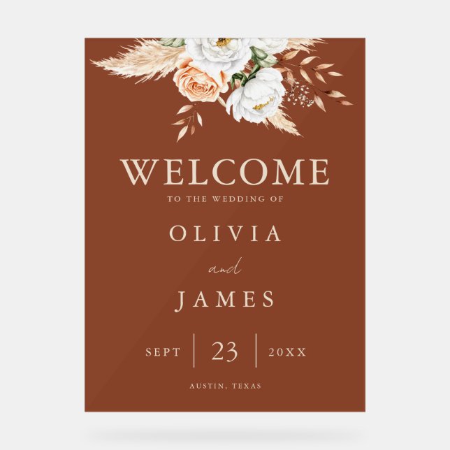 Burnt Orange Terracotta Floral Wedding Welcome Acrylic Sign (Front)