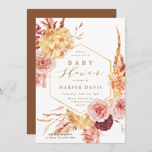Burnt Orange Terracotta Flowers Gold Baby Shower Invitation (Front/Back)
