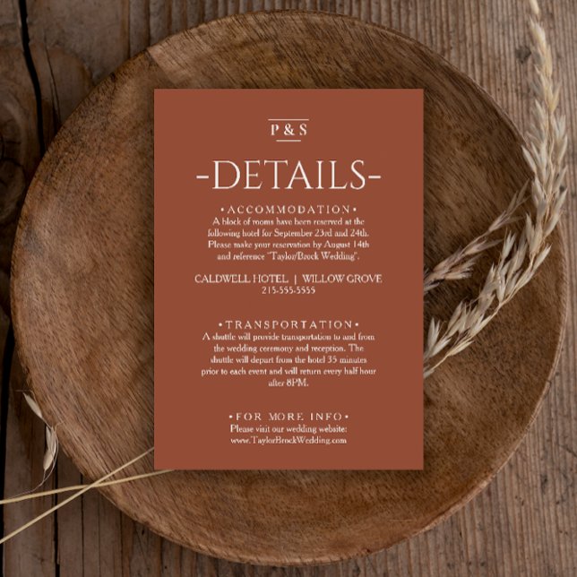 Burnt Orange Terracotta Monogram Wedding Details Enclosure Card (Creator Uploaded)