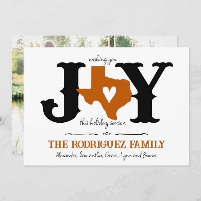 Burnt Orange Texas JOY Photo Holiday Card (Front/Back)