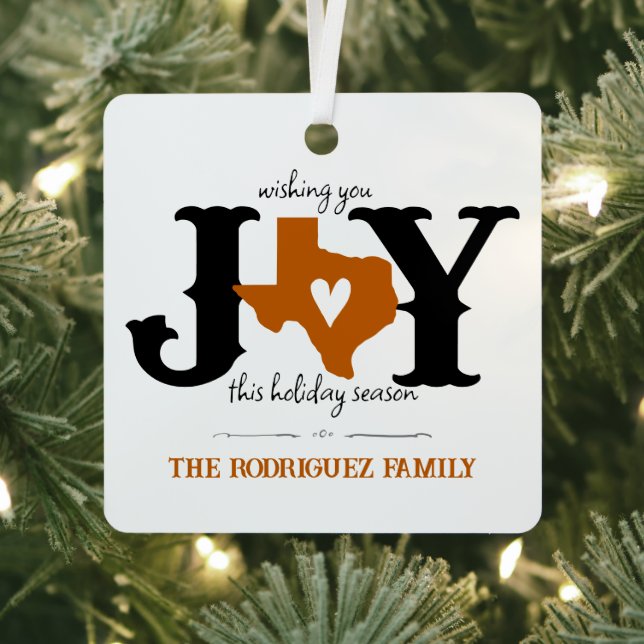 Burnt Orange Texas JOY Photo Holiday Metal Tree Decoration (Insitu)
