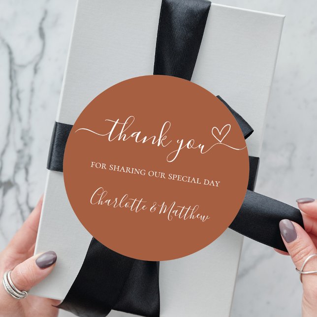 Burnt orange thank you heart wedding classic round sticker (Creator Uploaded)