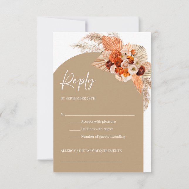 Burnt orange tropical flowers terracotta boho arch RSVP card (Front)