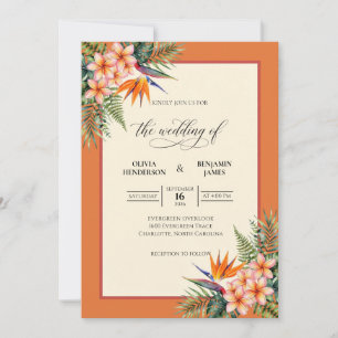 Burnt Orange Tropical Grey Eucalyptus Wedding Invitation