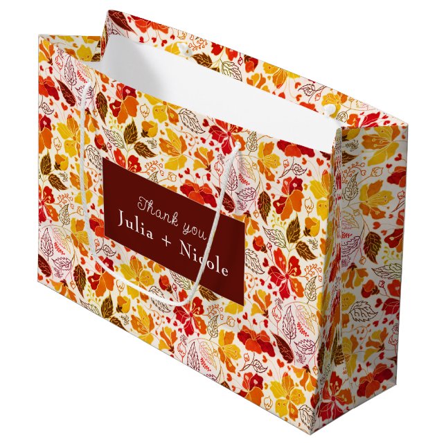 Burnt Orange Tropical Hibiscus Florals Wedding Large Gift Bag (Front Angled)