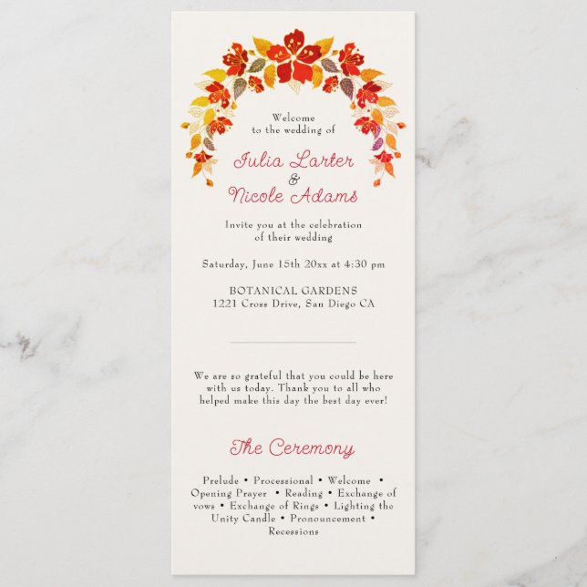 Burnt Orange Tropical Hibiscus Florals Wedding Programme (Front)