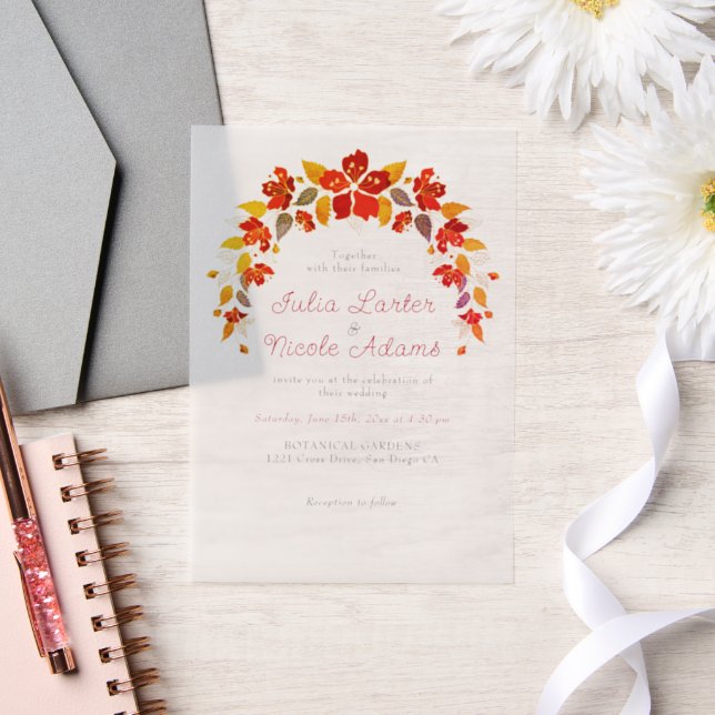 Burnt Orange Tropical Hibiscus Florals Wedding Vellum Invitations (Wedding)