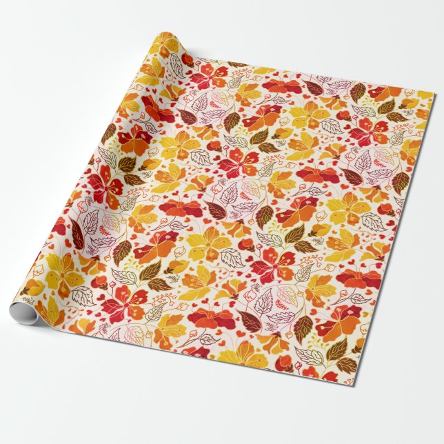 Burnt Orange Tropical Hibiscus Florals Wedding Wrapping Paper (Unrolled)