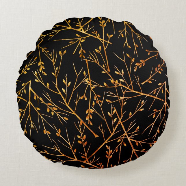 Burnt Orange Twigs on Black Round Cushion (Front)