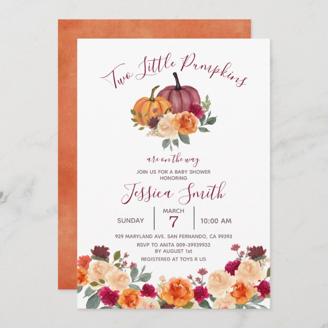 Burnt Orange Two Little Pumpkin Baby Shower Invitation (Front/Back)