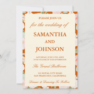 Burnt Orange Vintage Ivory Floral Photo Wedding Invitation