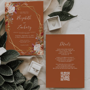 Burnt Orange Watercolor Fall Floral Gold Wedding Invitation