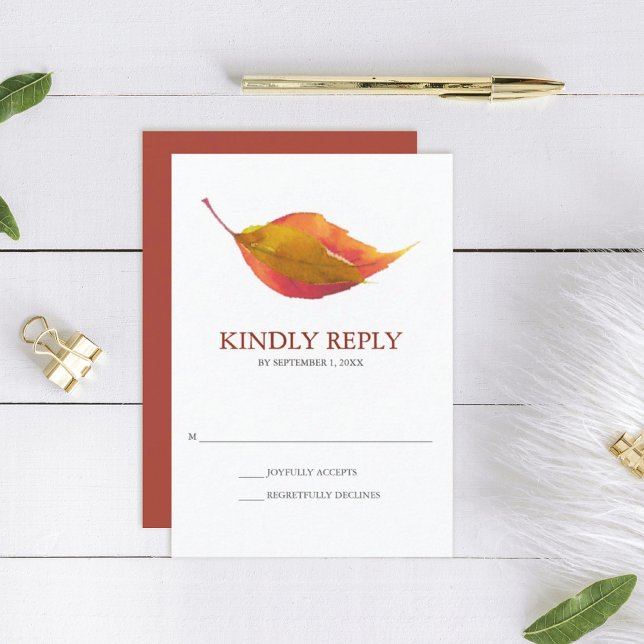 Burnt Orange Watercolor Fall Leaf Wedding RSVP (rsvp card orange wedding fall leaves minimalistic)