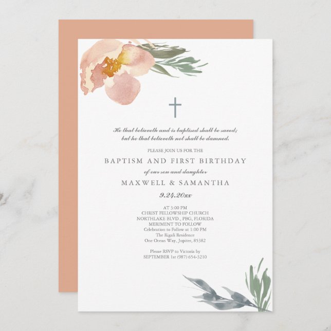 Burnt Orange Watercolor Florals Twins Baptism Invitation (Front/Back)