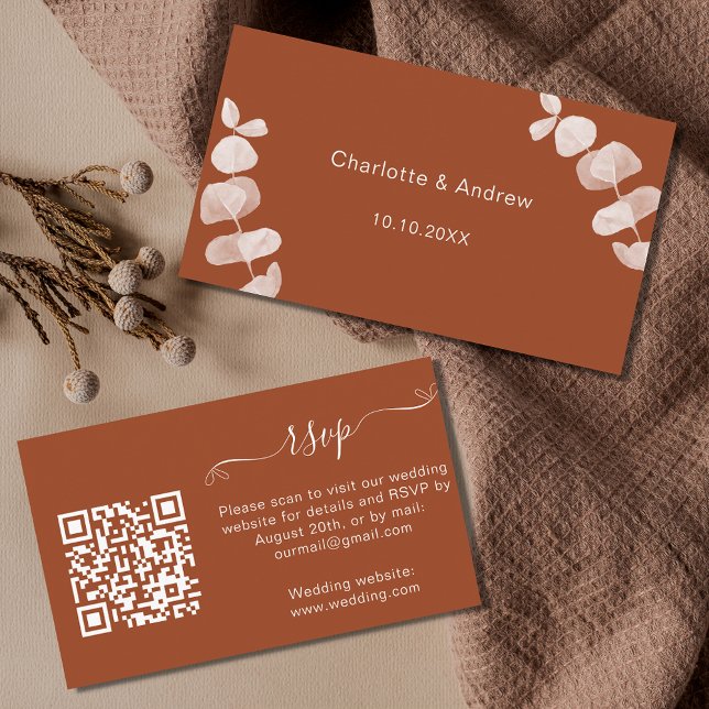 Burnt orange wedding response website QR code RSVP Enclosure Card (Creator Uploaded)