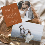 Burnt Orange Wedding Thank You Cards Flyer<br><div class="desc">Budget Wedding Thank You Cards that have a photo on the front and back. The Thank you cards contain a modern hand lettered cursive script typography that are elegant,  simple and modern to use after you wedding day celebration.</div>
