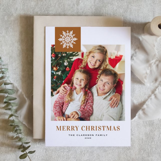 Burnt Orange Whimsical Snowflake Photo Christmas Holiday Card (Burnt orange photo Christmas card featuring a whimsical white snowflakes.)