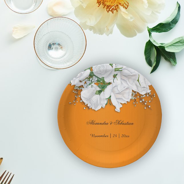 Burnt Orange White Botanical Wedding  Paper Plate (Creator Uploaded)