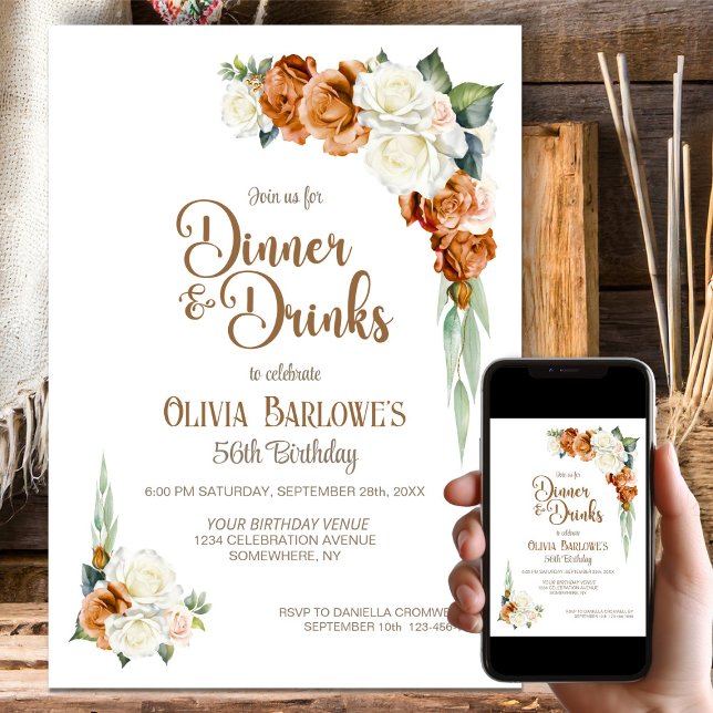 Burnt Orange White Floral Dinner Party Birthday Invitation (Creator Uploaded)