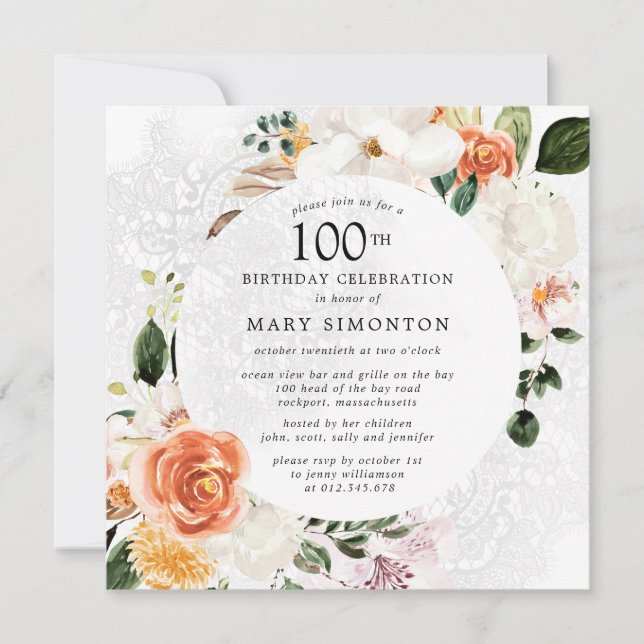 Burnt Orange White Floral Lace 100th Birthday  Invitation (Front)