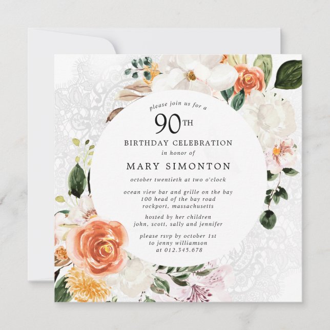 Burnt Orange White Floral Lace 90th Birthday Invitation (Front)