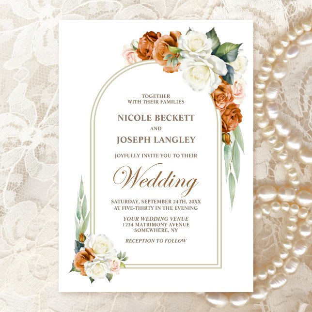 Burnt Orange White Rose Floral Arch Wedding Invitation (Creator Uploaded)