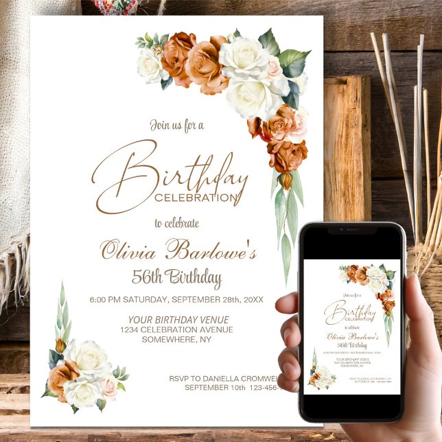 Burnt Orange White Rose Floral Birthday Party Invitation (Creator Uploaded)
