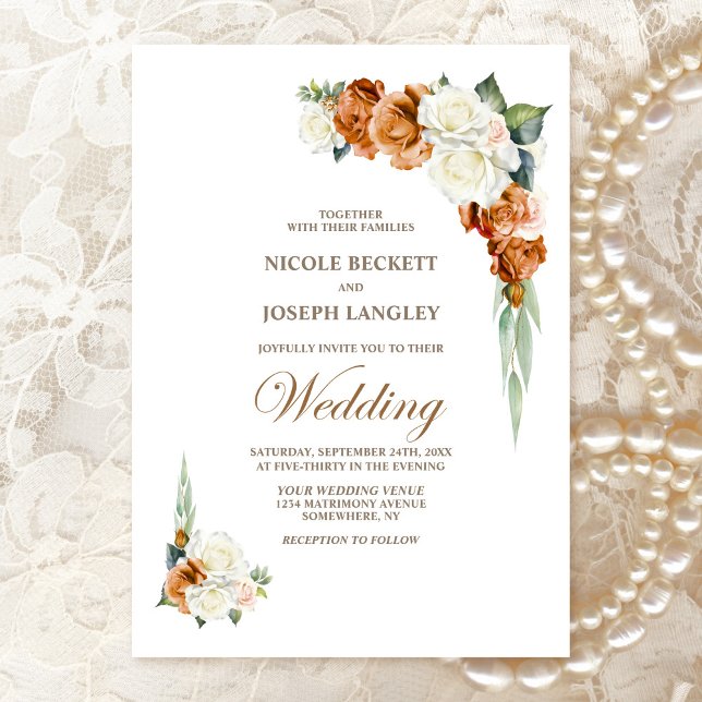 Burnt Orange White Rose Floral Wedding Invitation (Creator Uploaded)