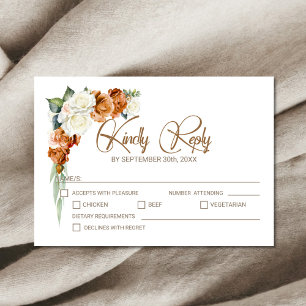 Burnt Orange White Rose Floral Wedding RSVP Card